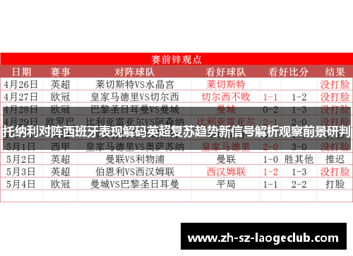 托纳利对阵西班牙表现解码英超复苏趋势新信号解析观察前景研判